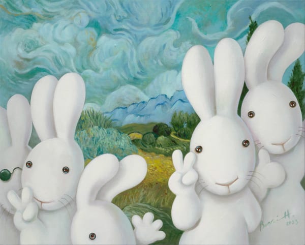 黃本蕊 Benrei HUANG 傻兔打卡 Silly bunnies checking in, 2023 壓克力顏料/畫布 Acrylic on canvas 61 x 76.5 cm