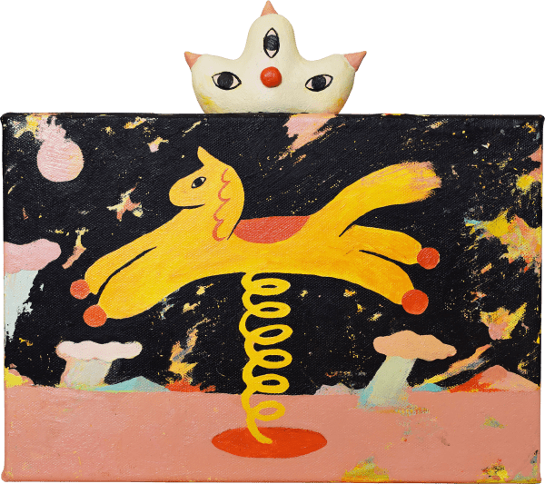 吳騏 57 搖搖馬 Rocking Horse, 2023 壓克力顏料、陶土／畫布 Acrylic and potter's clay on canvas 9 x 10 in 23 x 25.5 cm