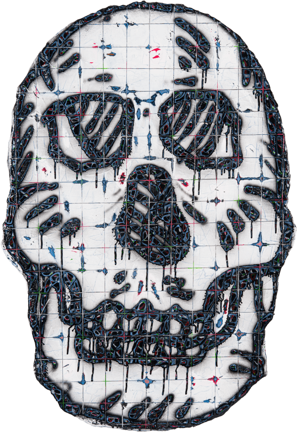劉文豪 LIU Wen Hao 石膏像 骷髏頭 Plaster Cast of Skull, 2024 壓克力顏料、噴漆/畫布裱於不規則木板 Acrylic and spray paint on canvas mounted on irregular wooden board 97 x 67 cm
