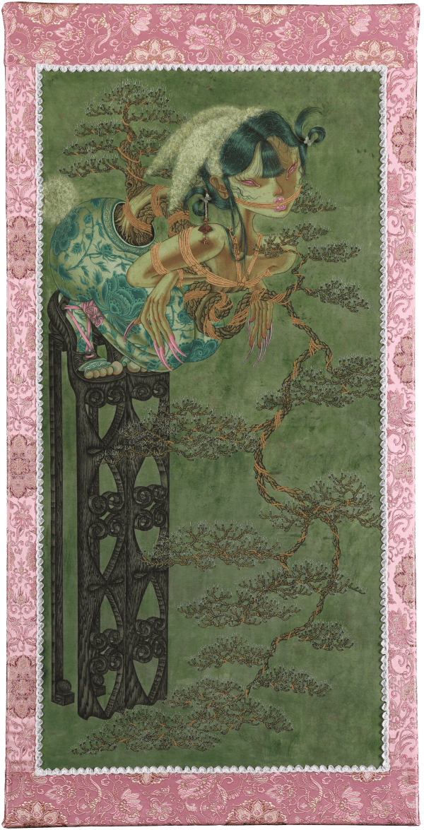 何㿛 HO Li 都市叢林-盆景緊縛術 Concrete Jungle-BDSM Bonsai, 2023 墨、膠彩顏料、金蔥線、棉線、化學纖維／絹 Ink, eastern gouache, metallic thread, cotton thread and Chemical Fiber on silk fabric 41 3/8 x 20 7/8 in 105 x 53 cm