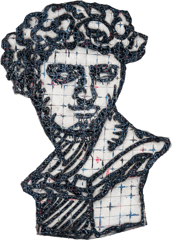劉文豪 LIU Wen Hao 石膏像 美第奇-正臉 Plaster Cast of Medici - Front View, 2024 壓克力顏料、噴漆/畫布裱於不規則木板 Acrylic and spray paint on canvas mounted on irregular wooden board 120 x 80 cm