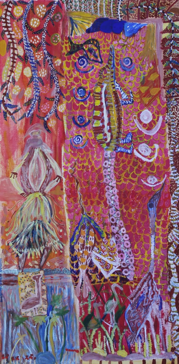 Janet Dreamer Crocodile Dreaming (ancestral woman singing for crocodile) , 2019 acrylic on canvas 120 x 60 cm 47 1/4 x 35 3/8 in