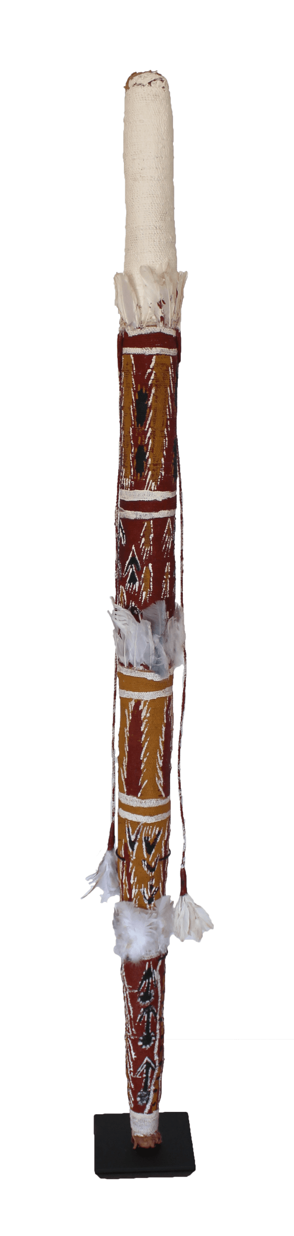 Jack Nawilil Buya Male, 2022 kurrajong with ochre pigment, PVA fixative, natural fibres, bush wax and feathers 182 x 6 x 6 cm 71 5/8 x 2 3/8 x 2 3/8 in