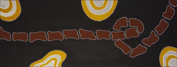 Marlene Juli Goorlabal Ngarranggarni , 2021 Ochre and charcoal on canvas 45 x 120 cm 17 3/4 x 47 1/4 in