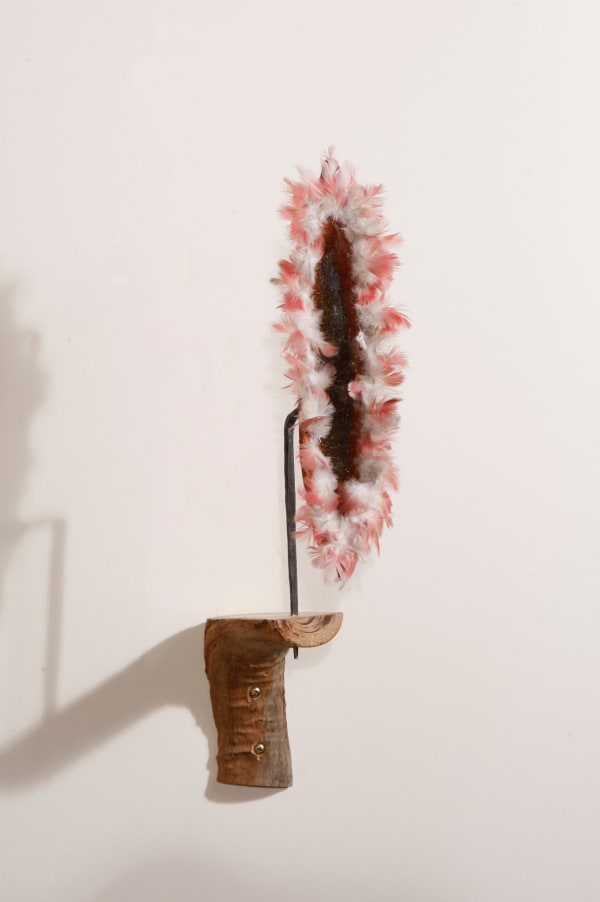 Dominic White Soft Breath, 2019 blackwood, wild clay, steel, feathers, ochre, resin 64 x 42 x 23 cm 25 1/4 x 16 1/2 x 9 in