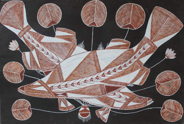 Graham Badari Namarnkol (Barramundi), 2018 ochre on Arches paper (framed) 51 x 76 cm 20 1/8 x 29 7/8 in