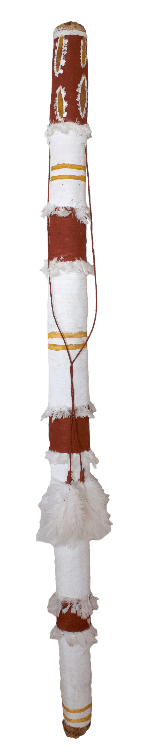 Jack Nawilil Ngalkodjek Spirit Pole, 2023 Kurrajong with ochre pigment, PVA fixative, bush wax and feathers 168 x 5 x 5 cm 66 1/8 x 2 x 2 in