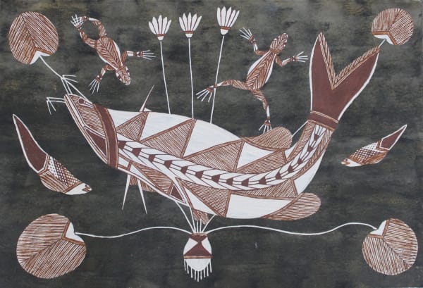 Graham Badari Manmakkawarri (Catfish) and Kodbolbork (Green Frog), 2019 ochre on Arches paper. (unframed) 41 x 61 cm 16 1/8 x 24 1/8 in