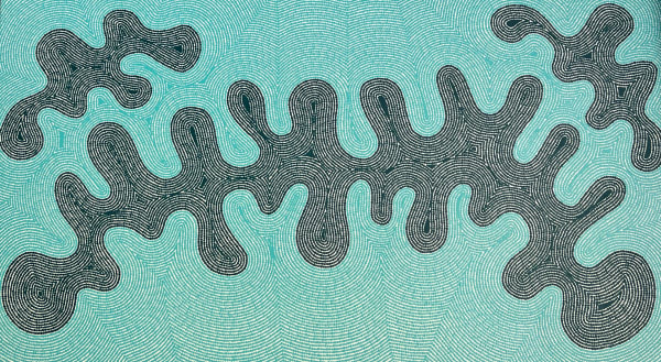 Tjulyata Kulyuru Tjukula/Waterholes, 2023 acrylic on linen 99 x 179 cm 39 x 70 1/2 in