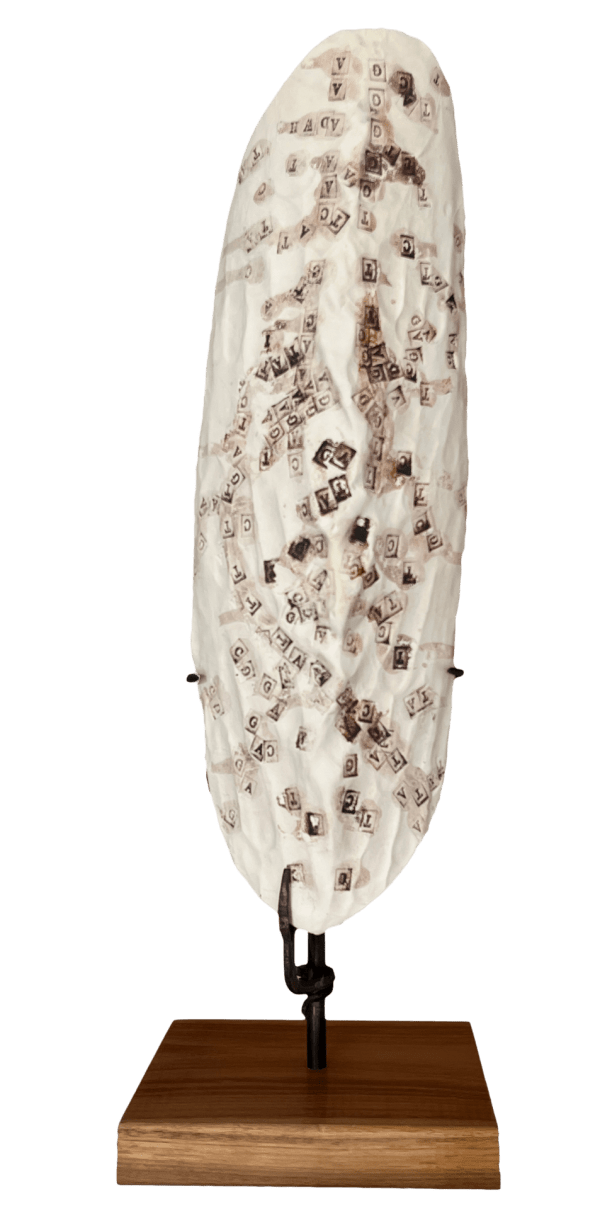 Dominic White Impress Coolamon ceramic, iron filings, ochre 50 x 17 x 10 cm (65 x 21 x 19 cm mounted) 19 3/4 x 6 3/4 x 4 in