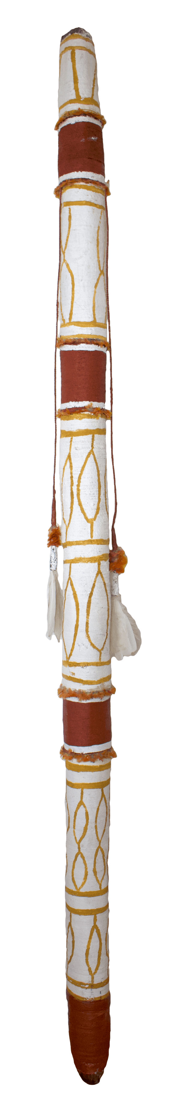 Jack Nawilil Daluk Ngalkodjek, 2023 Kurrajong with ochre pigment, feathers and bush string 189 x 9 cm 74 3/8 x 3 1/2 in