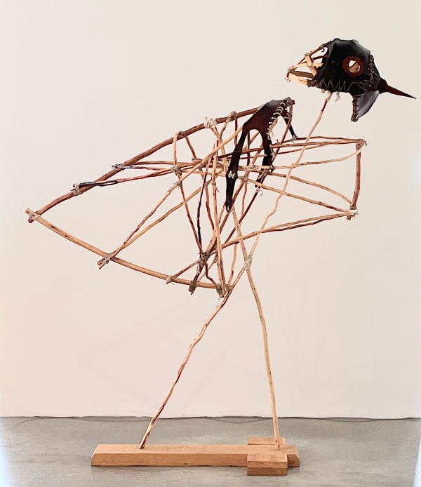 Dominic White Hooded Plover Empathy Suit, 2021 kelp, twine, wood, ochre 148 x 133 x 50 cm 58 1/4 x 52 3/8 x 19 3/4 in