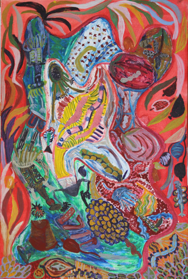Janet Dreamer Walkabout (two women singing and dancing for country with bush food implements), 2018 acrylic on canvas 90 x 60 cm 35 3/8 x 23 5/8 in
