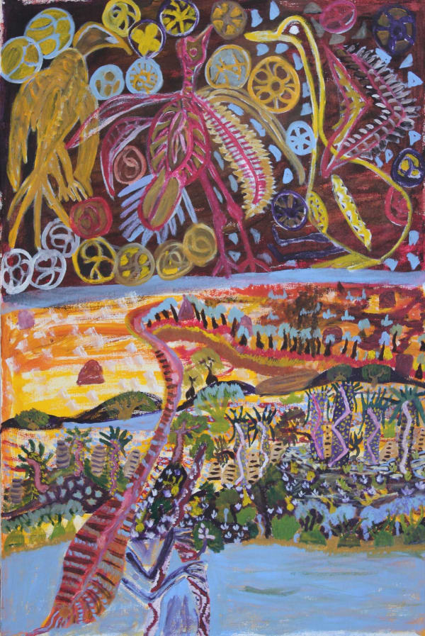 Janet Dreamer Walkabout - bush turkey and mungari (bush tucker), 2018 acrylic on canvas 90 x 60 cm 35 3/8 x 23 5/8 in