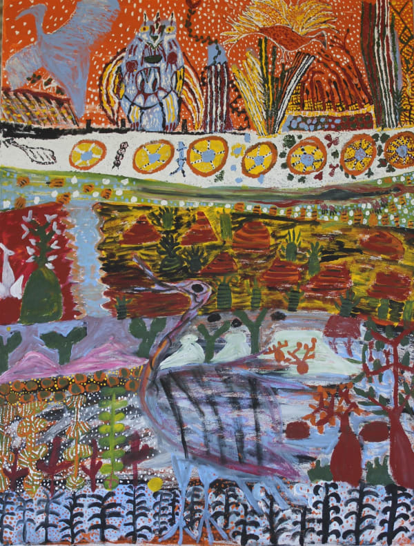 Janet Dreamer Walkabout - Fox River (birds, witchetty grubs, crocodiles, bush turkey ), 2019 acrylic on canvas 120 x 90 cm 47 1/4 x 35 3/8 in