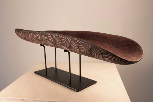 Lulu Cooley Winnowing Bowl , 2019 incised wood + metal stand 6.4 x 51.5 x 14.7 cm 2 1/2 x 20 1/4 x 5 3/4 in