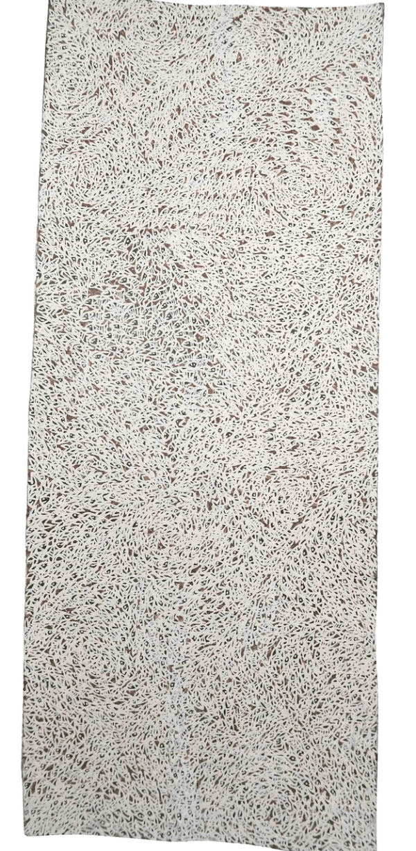 Wukun Wanambi Bamurrunju ochres on bark 116 x 46 cm 45 5/8 x 18 1/8 in