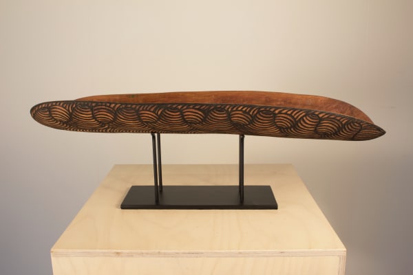 Dianne Strangways Piti - Collecting Bowl with stand , 2019 burnt etching on River Redgum wood + metal stand 11 x 57.5 x 21 cm 4 3/8 x 22 5/8 x 8 1/4 in