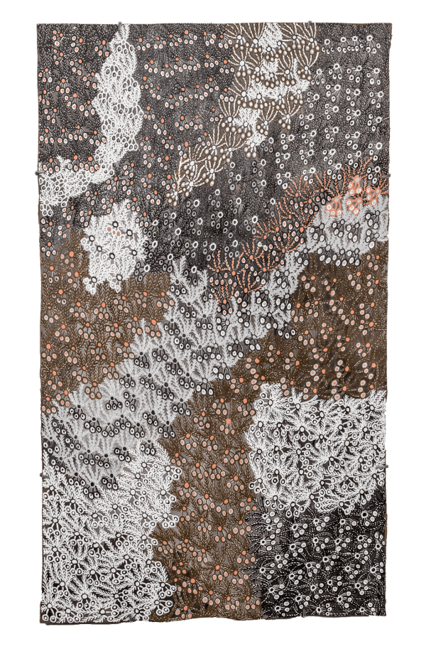 Muluymuluy Wirrpanda Buḻwutja, 2020 earth pigments on stringybark 112 x 65 cm 44 1/8 x 25 5/8 in