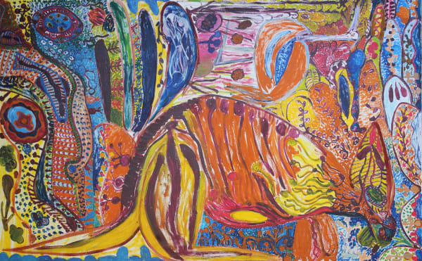 Janet Dreamer Walkabout (Mongel Plain and Fox River, desert flowers, bush turkeys and dangerous crocodiles) , 2018 acrylic on canvas 100 x 160 cm 39 3/8 x 63 in