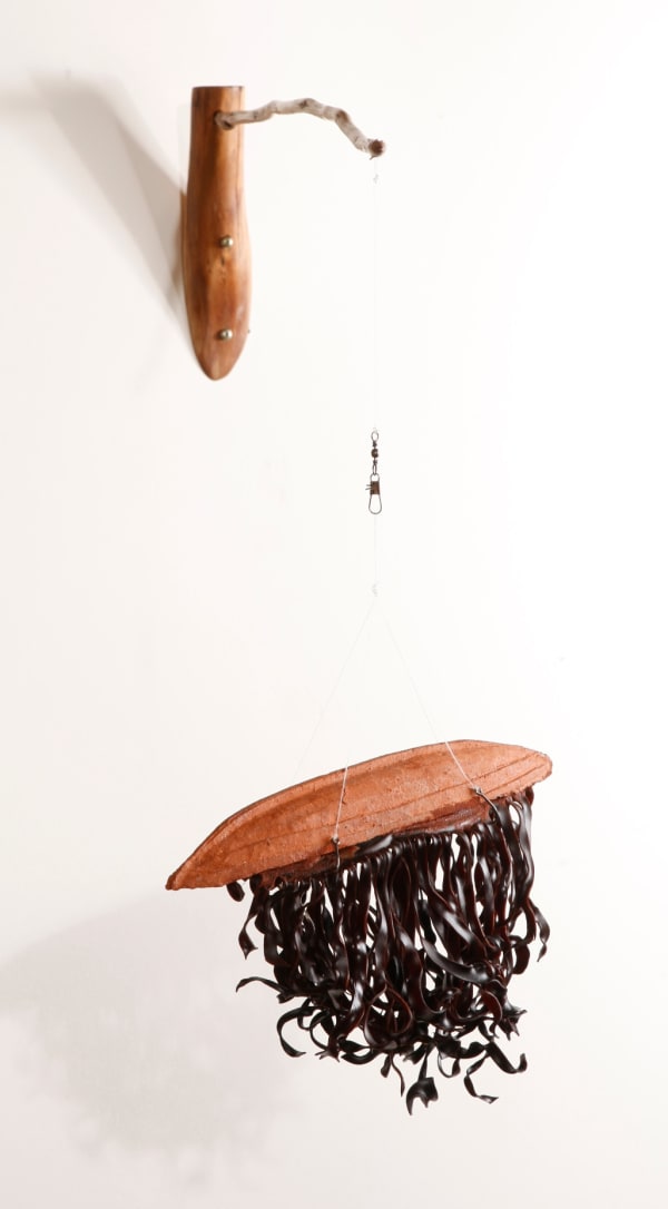 Dominic White Hung Out , 2019 timber, wild clay, kelp, fishing hooks, resin, fishing line 60 x 28 x 65 cm 23 5/8 x 11 x 25 5/8 in