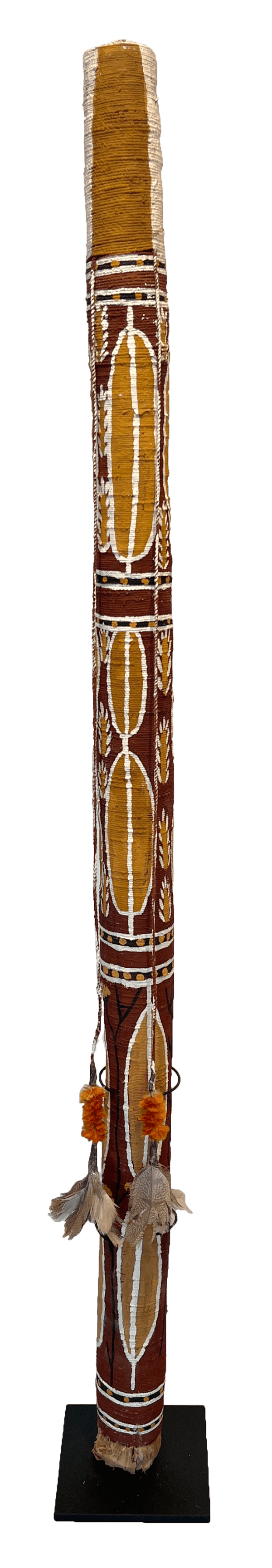 Jack Nawilil Ngalkodjek Spirit Pole, 2021 kurrajong with ochre pigment, PVA fixative, natural fibres, bush wax and feathers height 156 cm height 61 3/8 in