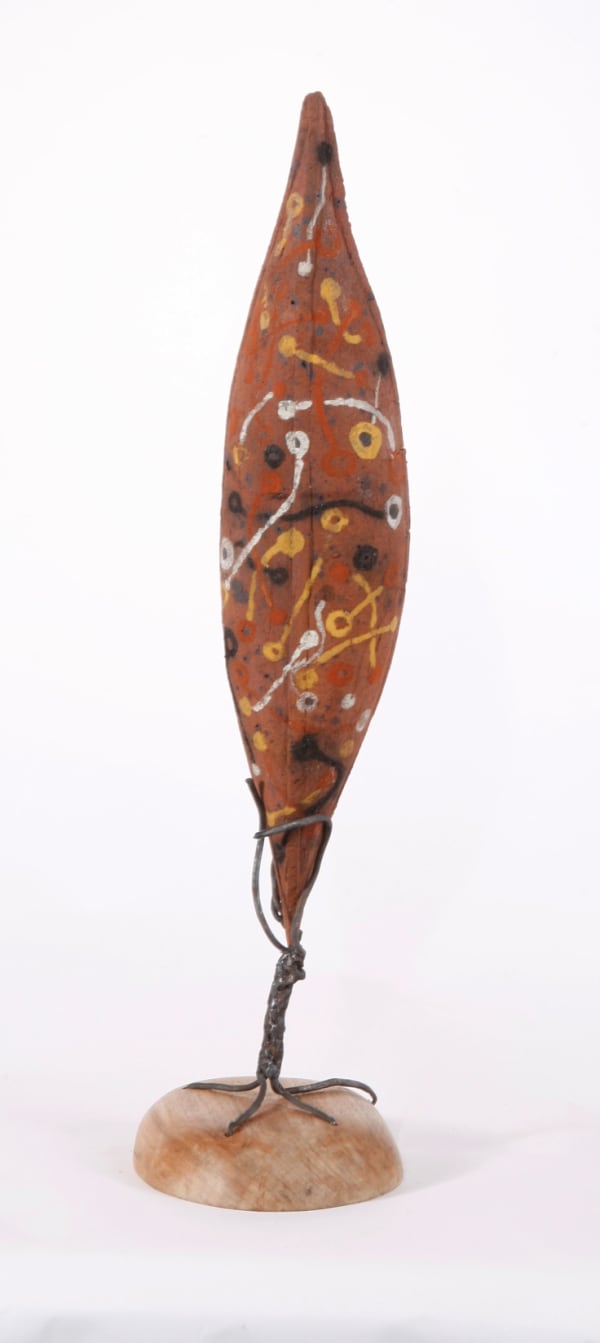 Dominic White Binary Shield clay, ochre, charcoal, steel, timber 75 x 20 x 23 cm 29 1/2 x 7 7/8 x 9 in