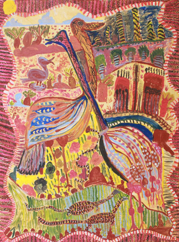 Janet Dreamer Fox River (landscape, emu and baby with goanna) , 2018 acrylic on canvas 120 x 90 cm 47 1/4 x 35 3/8 in