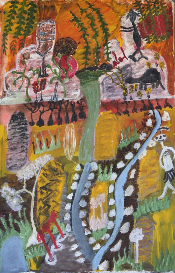 Janet Dreamer Walkabout (Fishing and swimming at Palm Springs and ceremonial man), 2019 acrylic on canvas 70 x 45 cm 27 1/2 x 17 3/4 in