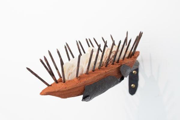 Dominic White Guarded Midden, 2019 wild clay, shells, resin, steel 15 x 13 x 30 cm 5 7/8 x 5 1/8 x 11 3/4 in