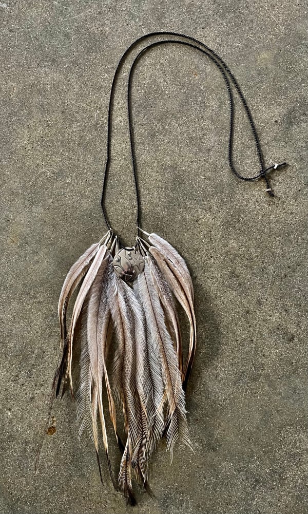 Donna Brown Fish & Stars, 2022 Silver, emu feathers, silk 59 x 11 x 3 cm