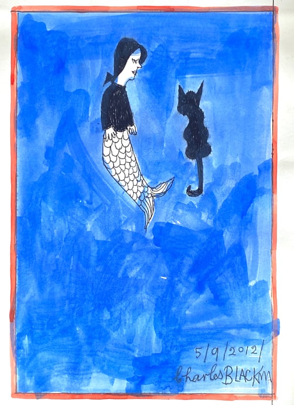 Charles Blackman Mermaid and Cat, 2012 Ink and watercolour on paper (unframed) 41 x 30 cm (image size) 16 1/8 x 11 3/4 in