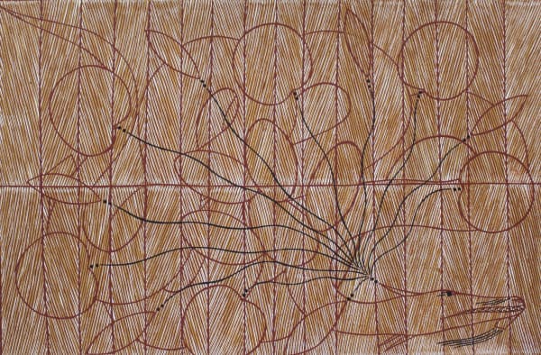 Joey Nganjmirra Ngalyod (Rainbow Serpent), 2018 acrylic on Arches paper (framed) 51 x 76 cm 20 1/8 x 29 7/8 in