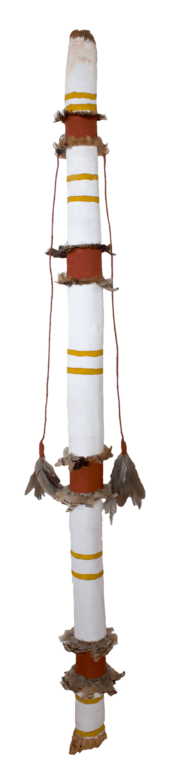 Jack Nawilil Ngalkodjek Spirit Pole, 2023 Kurrajong with ochre pigment, PVA fixative, bush wax and feathers 164 x 6 x 6 cm 64 5/8 x 2 3/8 x 2 3/8 in