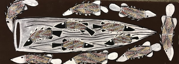 Don Namundja Malallark - Wallabee Net, 2018 ochres on Arches paper (framed) 15 x 45 cm 5 7/8 x 17 3/4 in