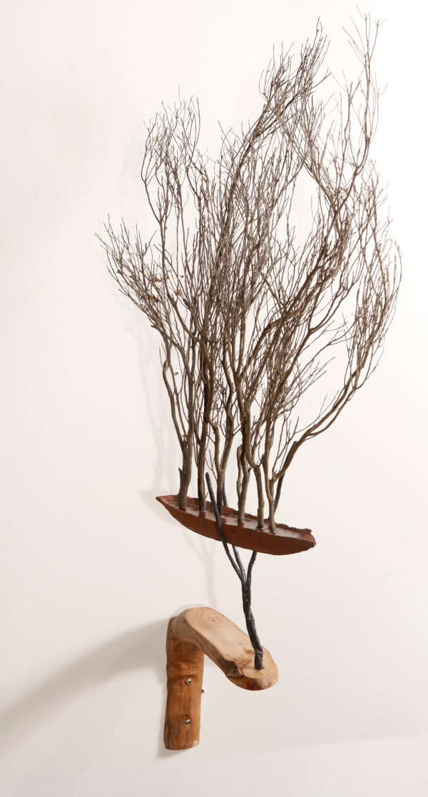 Dominic White Deep Blow, 2019 timber, wild clay, resin, steel, branches, ochre 90 x 50 x 40 cm 35 3/8 x 19 3/4 x 15 3/4 in