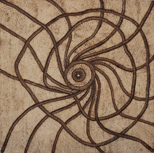 Cynthia Burke Kupi Kupi - Willy Willy, 2020 burnt etching on plywood 60 x 60 cm 23 5/8 x 23 5/8 in