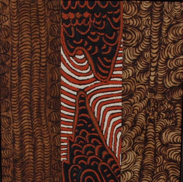 Collaborative: Judy Trigger, Bonnie Connelly, Edith Richards burnt etching on plywood- box framed 61 x 61 cm 24 1/8 x 24 1/8 in