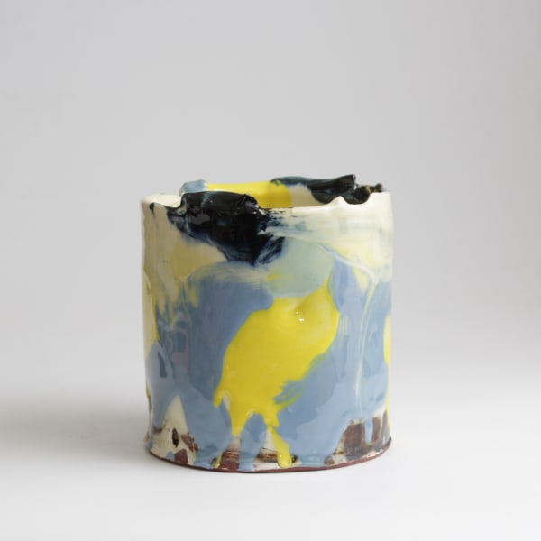 Barry Stedman, Thrown Altered Vessel with Blue & Yellow V, 2025
