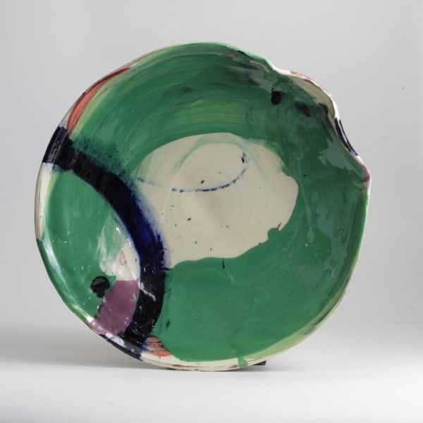 Barry Stedman, Thrown Altered Platter with Blue, Green & Pink, 2024