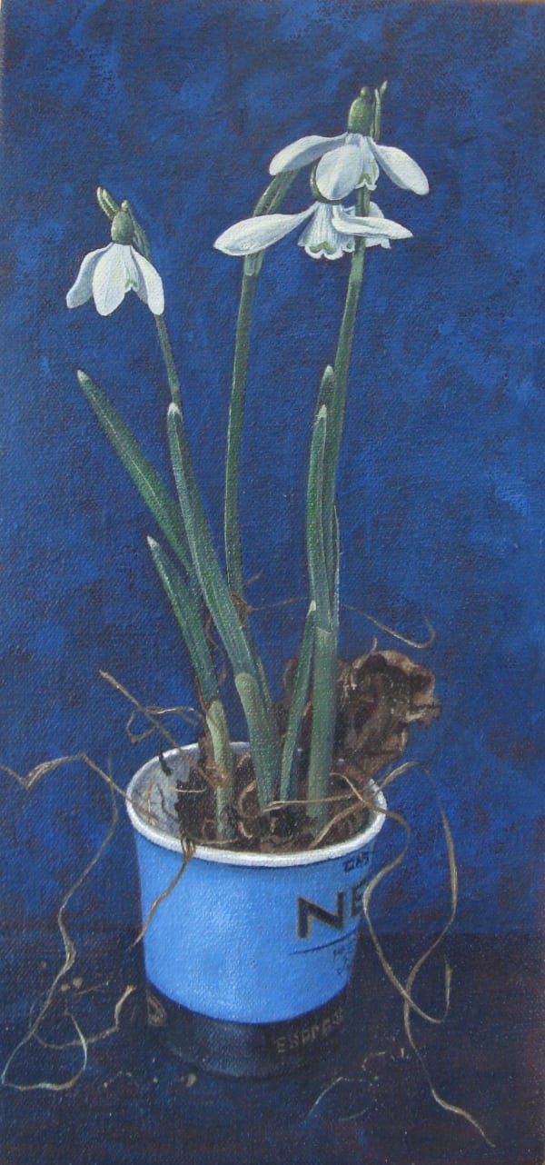 Kim Dewsbury, Snowdrops in a Blue Paper Cup