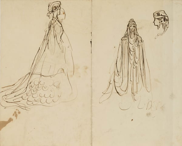 Gustave Doré, Recto two studies of women in headgear and verso two studies of women in robes and one study of a head in profile