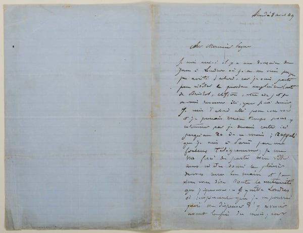 Gustave Doré, Letter on blue writing paper addressed to the publisher G.B Payne