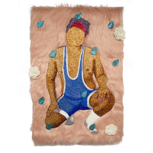 Moises Salazar Tlatenchi Muscle Girl, 2021 Glitter on Board, Yarn, Faux Fur 96.5 x 66.0 cm