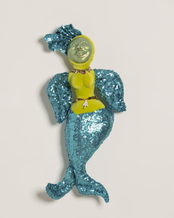 Kimberly Camp Mami Wata, 2021 Polymer clay, velvet, sequined fabric, freshwater pearls, glass beads 68.6 x 22.9 x 12.7 cm