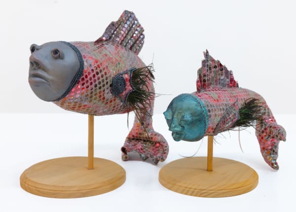 Kimberly Camp Phish I and Phish II, 1993 Fabric, feathers, paper clay 22.9 x 45.7 x 12.7 cm