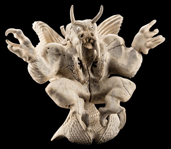 Lot 74 CHARLIE UGYUK (1931-1998) TALOYOAK (SPENCE BAY) Female Demon, 1997 whalebone, muskox horn, ivory, and stone, 23 x 26.5 x 15 in (58.4 x 67.3 x 38.1 cm) ESTIMATE: $20,000 — $30,000 PRICE REALIZED: $21,600.00