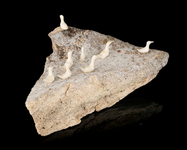 Lot 40 FABIAN OOGARK (1923-1992) ARVILIQJUAQ (PELLY BAY) Rookery, 1980s whale bone and walrus ivory, 2.25 x 6 x 3 in (5.7 x 15.2 x 7.6 cm) ESTIMATE: $400 — $600 PRICE REALIZED: $244.00