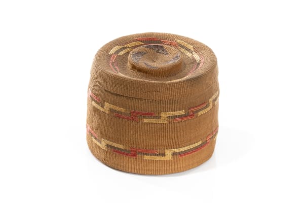 Lot 46 UNIDENTIFIED MAKER, Tlingit Imbricated Basket, c. 1900 wove dyed and natural spruce root, 4.5 x 5.25 x 5.25 in (11.4 x 13.3 x 13.3 cm) PRICE REALIZED: $565.80