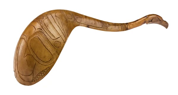 Lot 45 UNIDENTIFIED ARTIST, HAIDA OR TLINGIT Feast Ladle, mid-late 19th century sheep horn, 13.5 x 4.75 x 4 in (34.3 x 12.1 x 10.2 cm) ESTIMATE: $3,000 — $5,000 Price Realized: $2,880